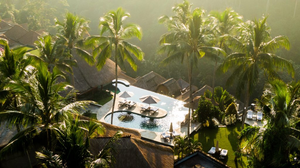 The aerial view of the pool and jungle surrounds of Viceroy Bali