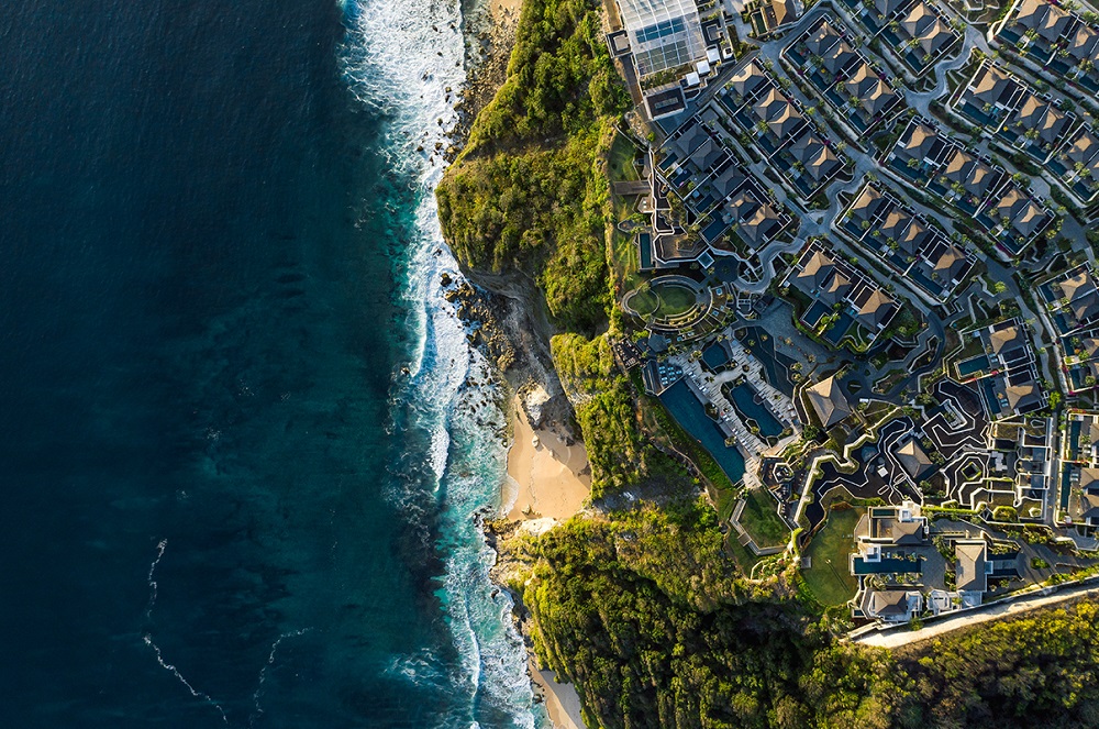 An aerial view of the villas and ocean view from the Six Senses in Uluwatu