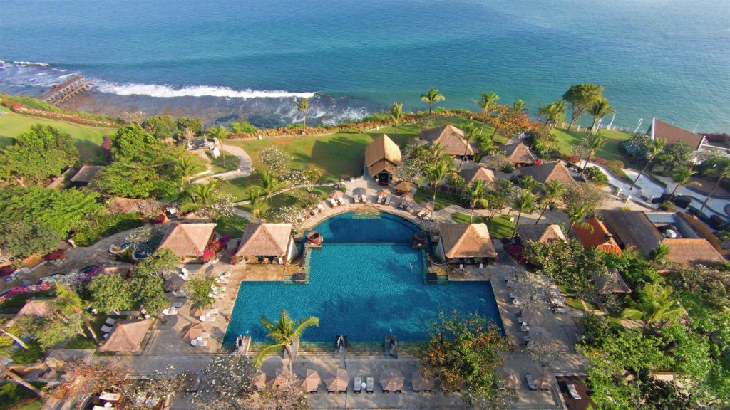 The view of one of the pools and ocean view from  AYANA Resort in Bali