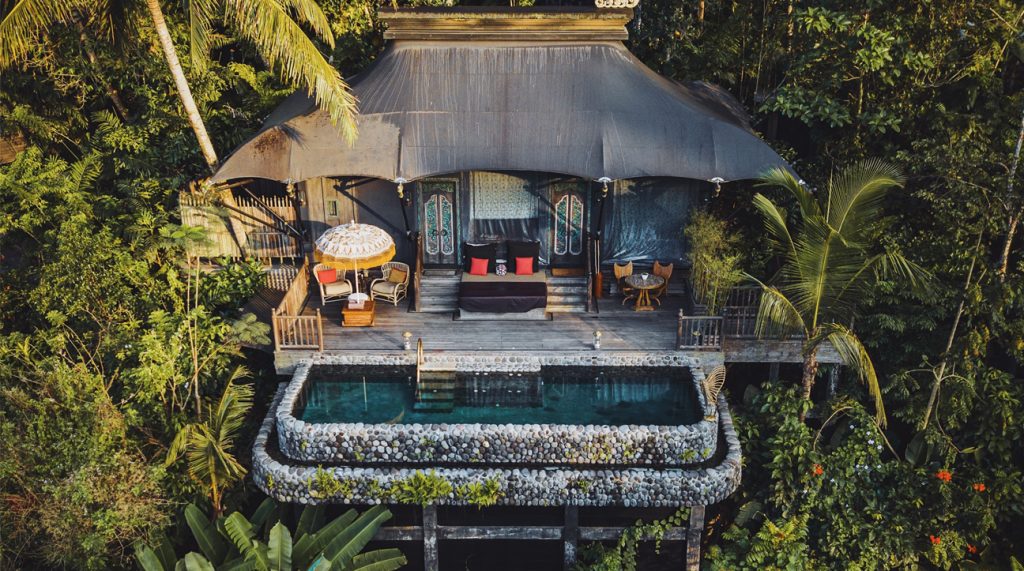 Aerial view of one of the luxury tents and private pools at Capella in Ubud