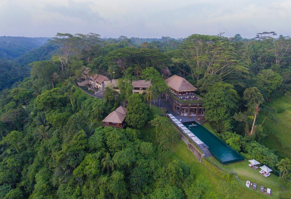 An aerial view of the pool and villas at Alila Ubud