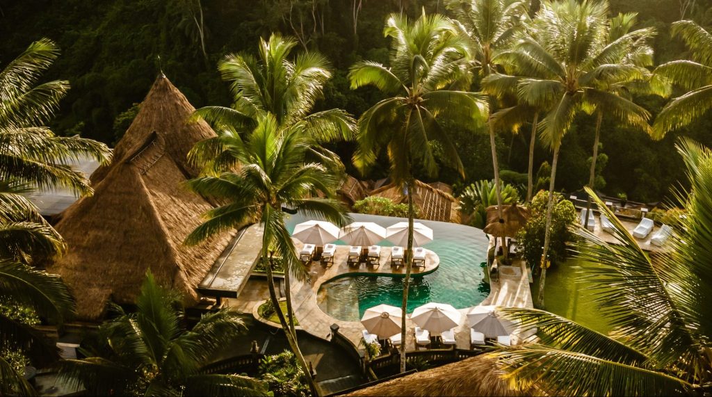 An aerial view of the grounds and pool at Viceroy Bali Hotel