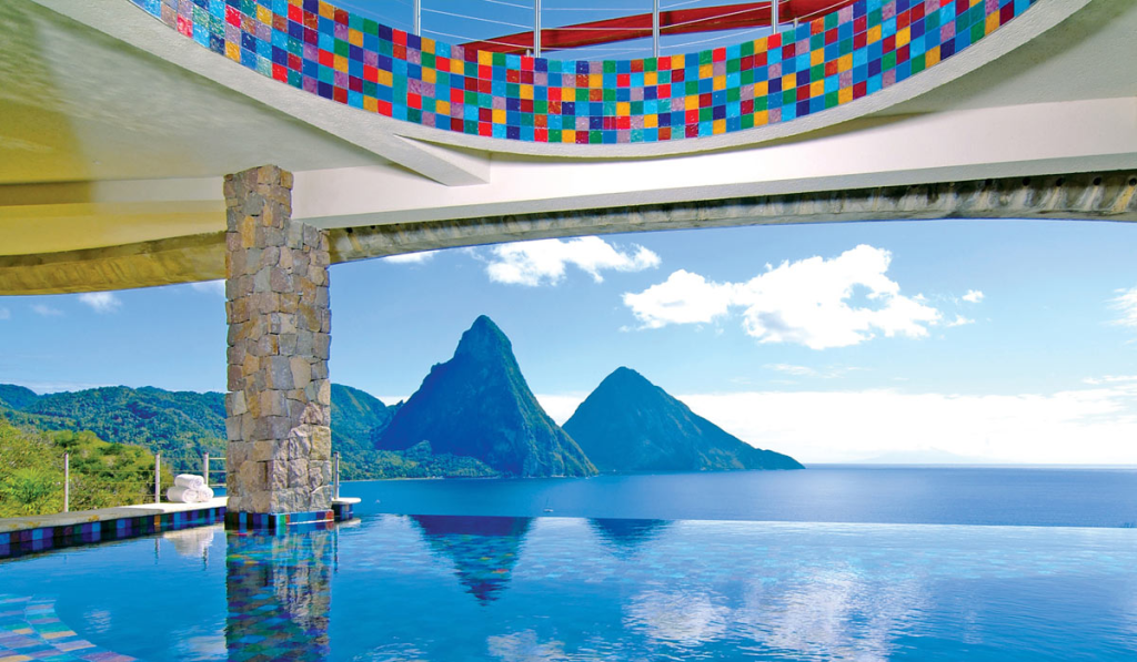 View from the pool of Jade Mountain Resort in St Lucia with mountains in the background