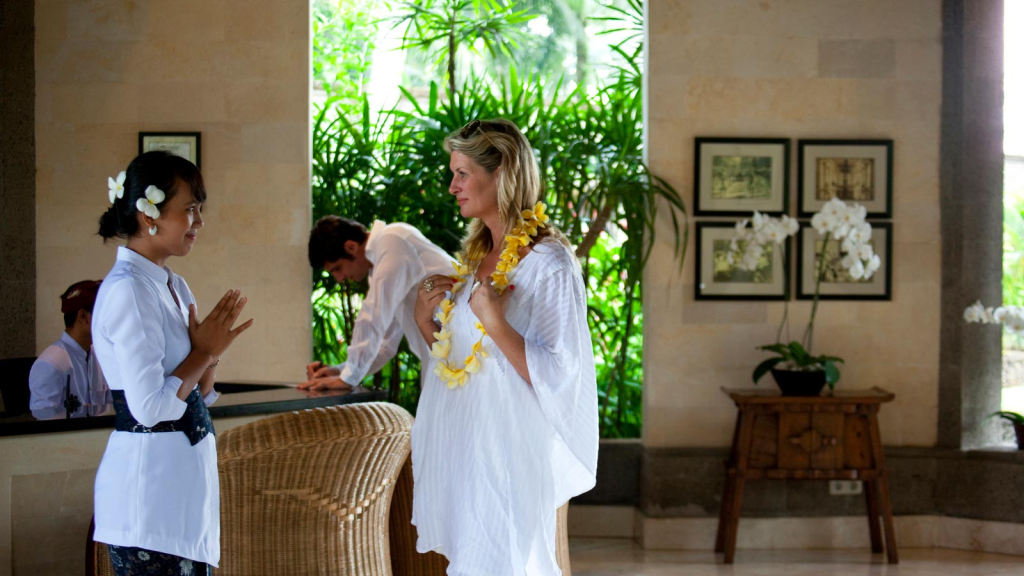 A tourist visiting a hotel in Bali