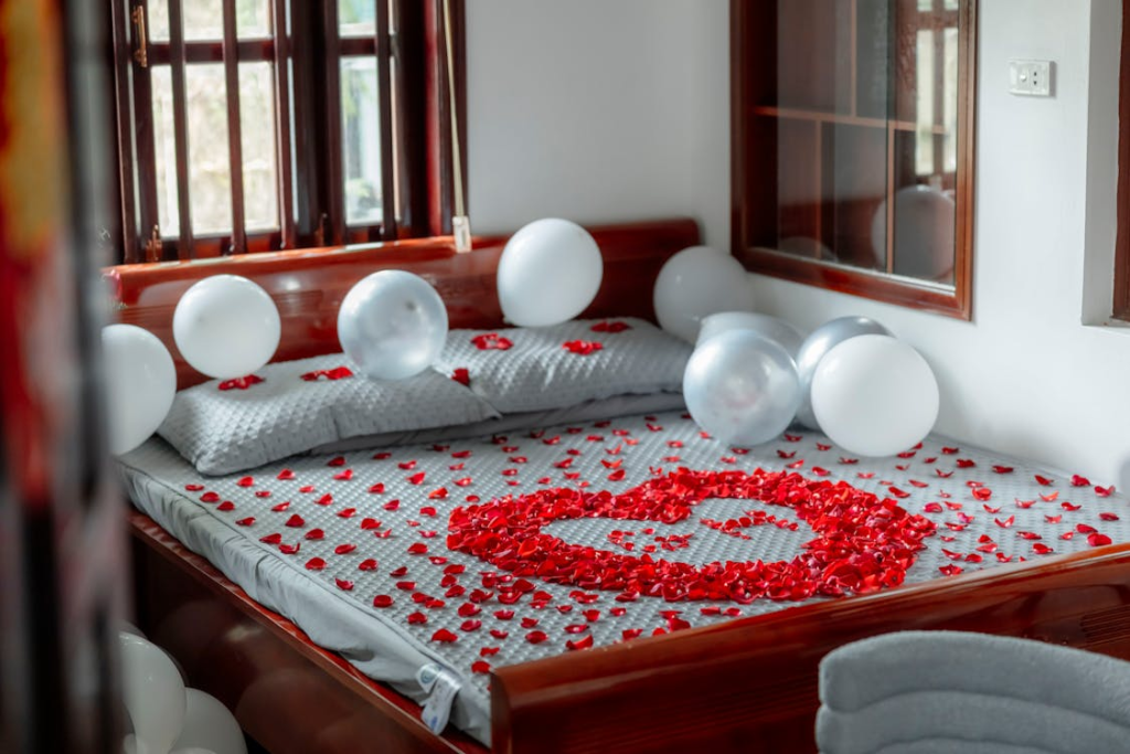 A romantic surprise decoration on a hotel bed