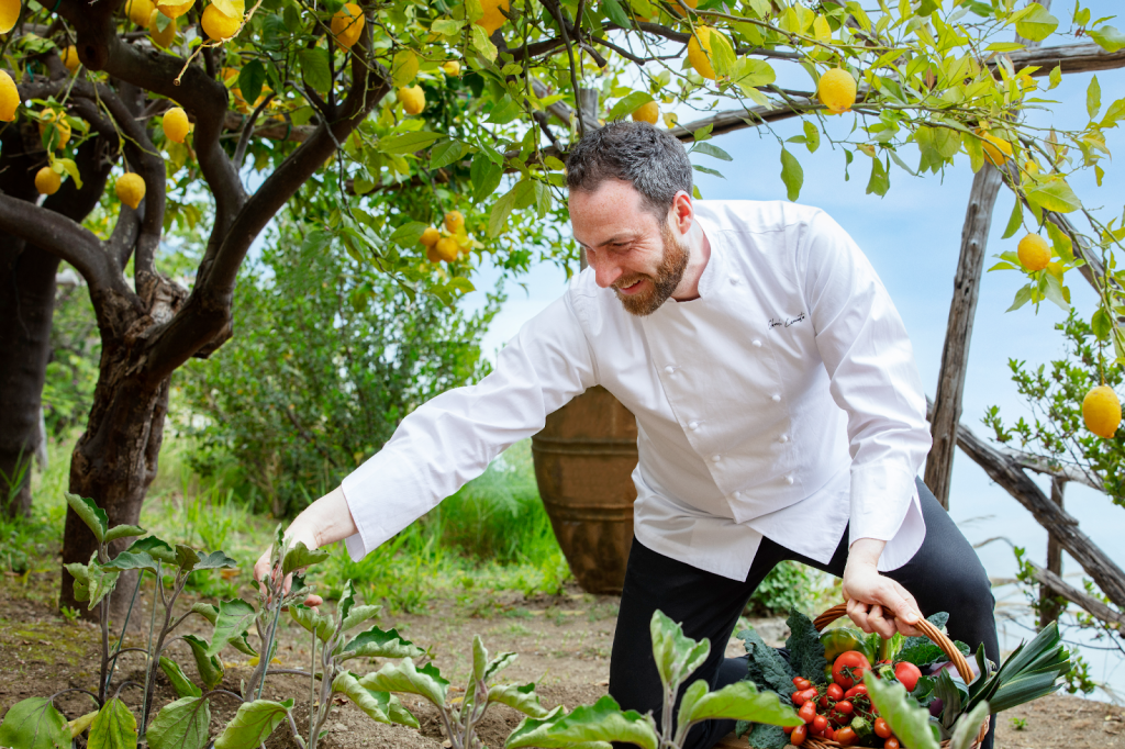 A chef picking vegetables from the garden
