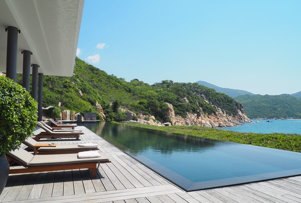The pool and ocean view from a resort in Vietnam