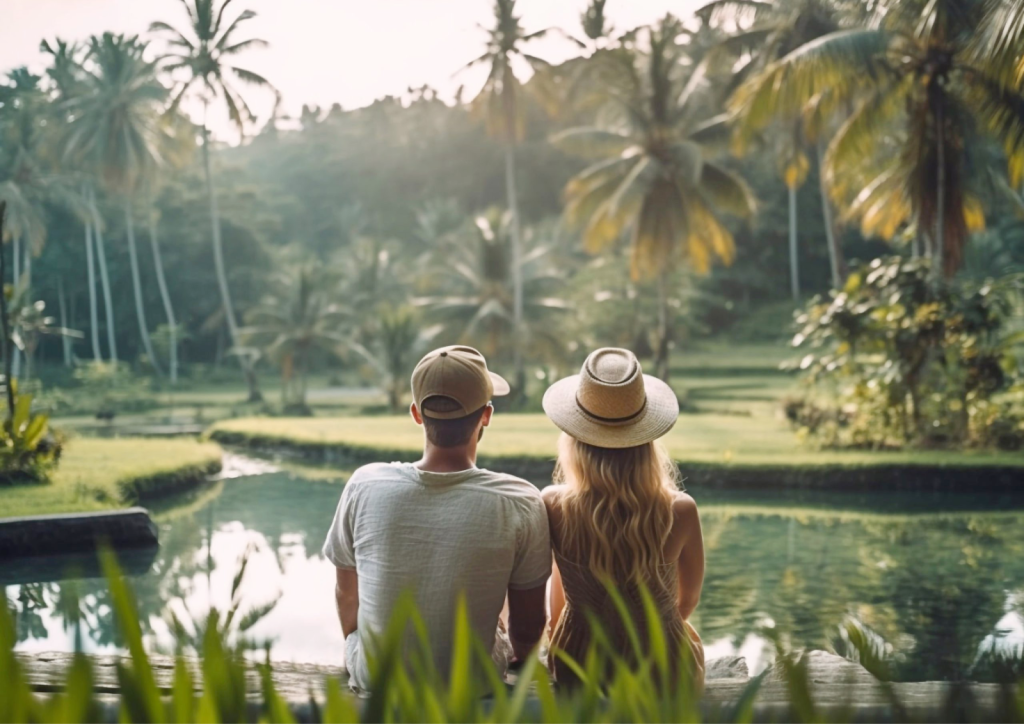 A couple sitting in a tropical garden in Bali