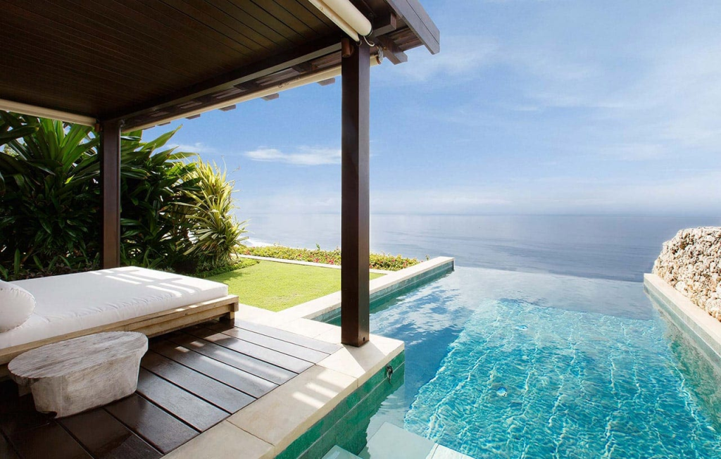 The sea views from the pool at The Ungasan Clifftop Resort in Bali