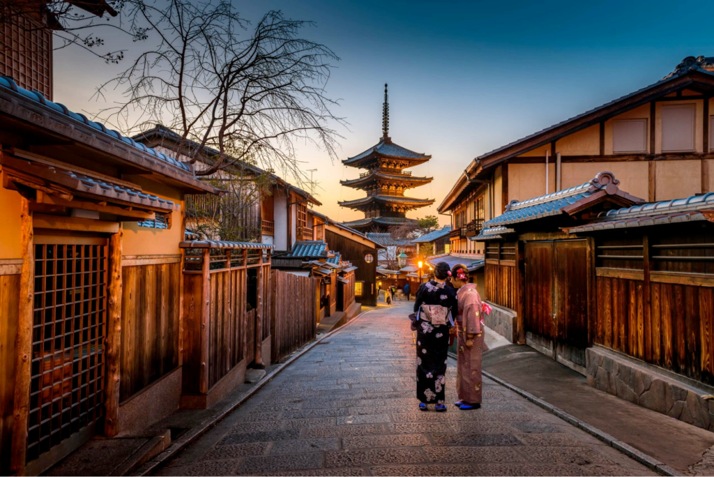 Two geishas on a street in Kyoto, Japan
