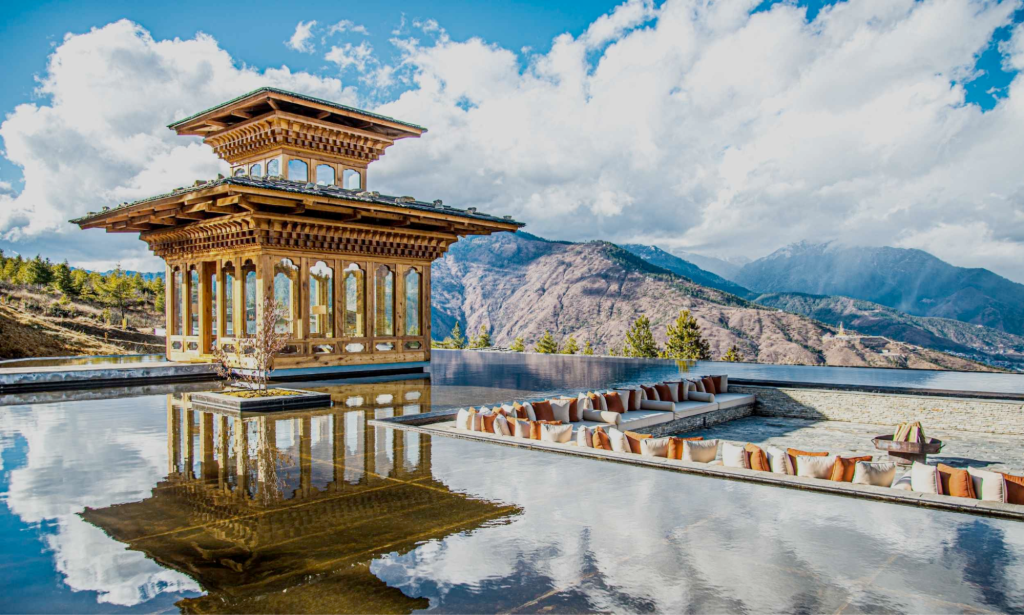 A water feature looking out to the mountains in Bhutan