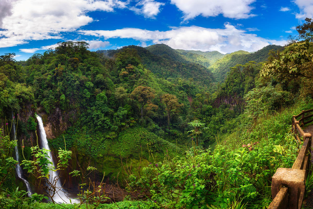 A waterfall in a lush valley in Costa Rica
