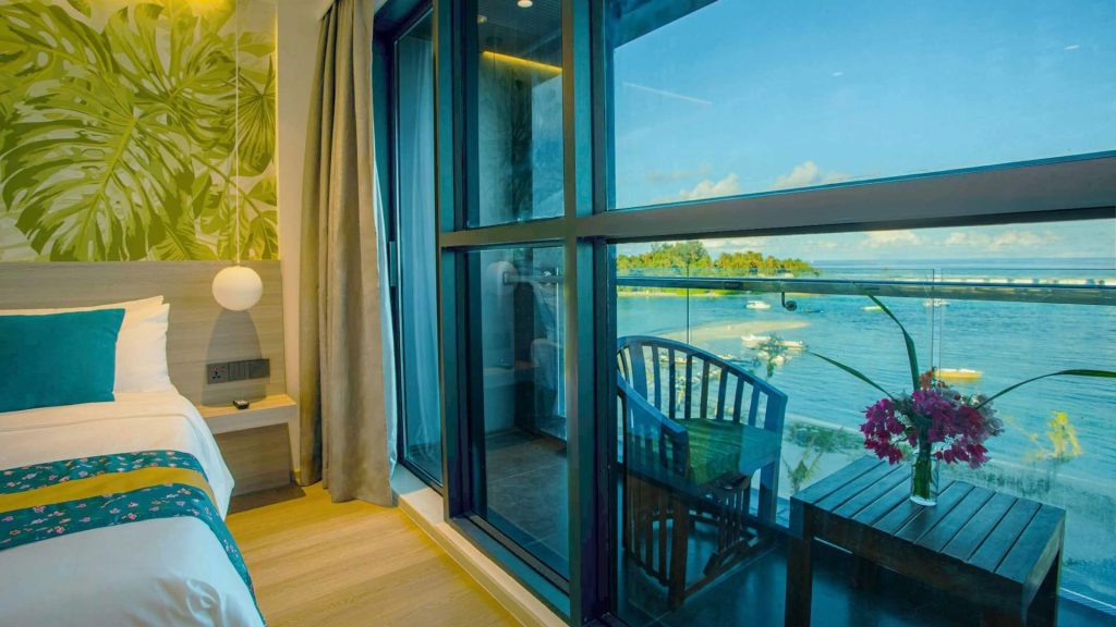 A hotel room with an ocean view